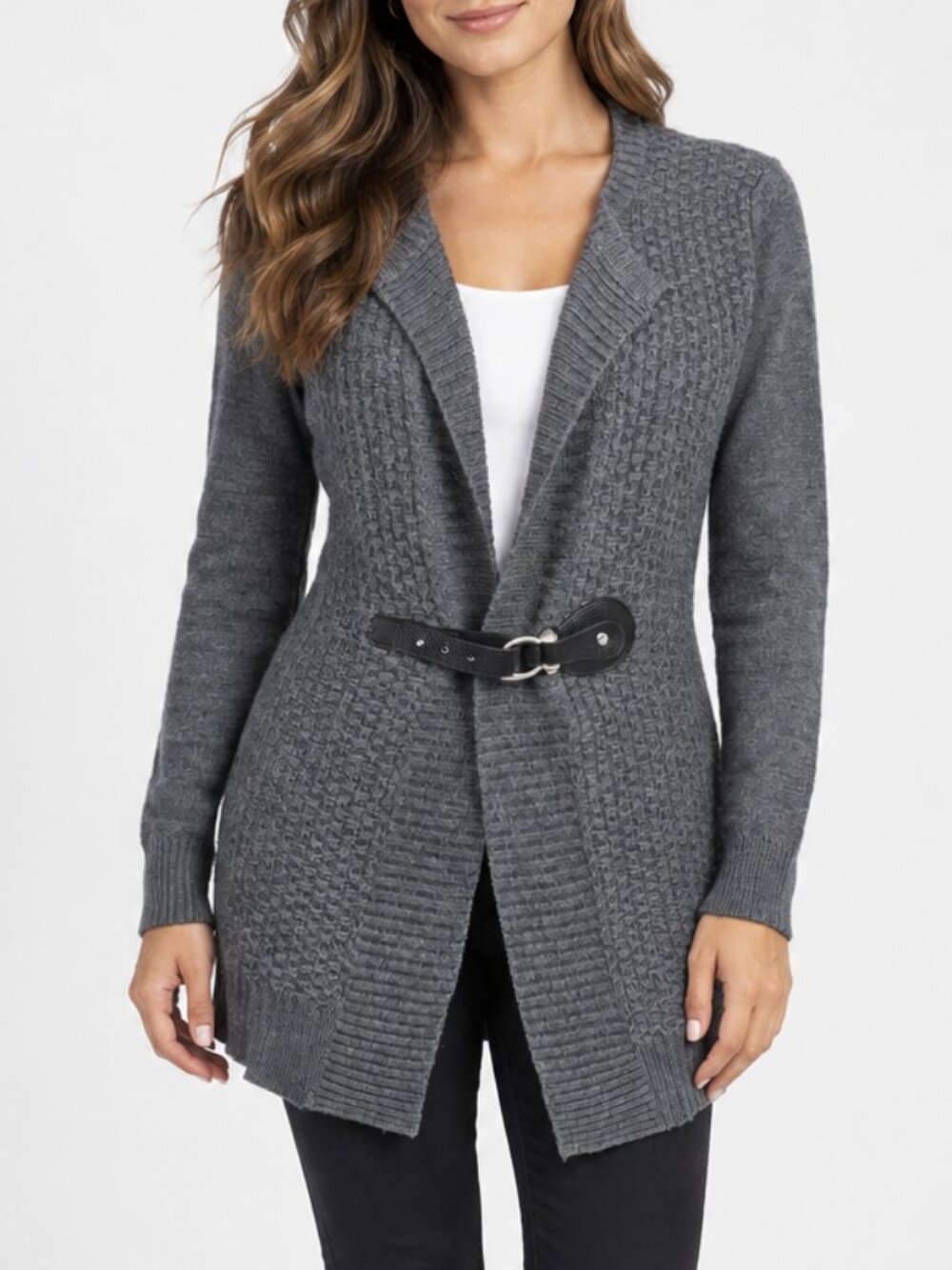 Susan Bristol Women's Merino Wool Blend Buckle Front Longline Cardigan Sweater